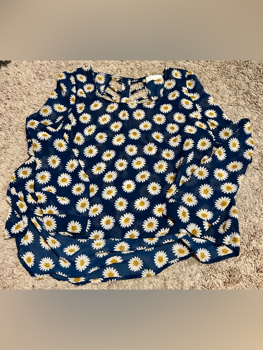 MISS DAISY Navy Daisy Print Blouse with Long Sleeves